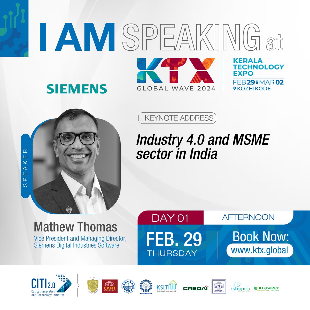 OMRcat's tweet image. I am looking forward to speaking at this event.

Event : #KTXGlobalWave2024
Topic : #Industry4 and #MSMEsector in #India 
Date : Thursday, February 29, 2024
Time : Afternoon
Location : #KeralaTechnologyExpo, #Kozhikode