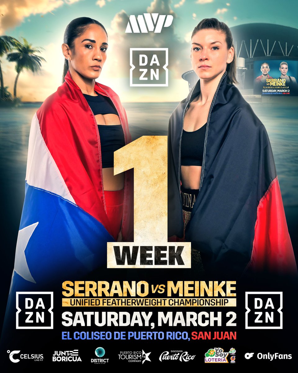 5 weeks down… 1 week to go… 🇵🇷🥊🇩🇪

IT’S FIGHT WEEK IN PUERTO RICO!!! 🇵🇷

#serranomeinke #ninathebrave #daznboxing #womenboxing #boxssport #womenpower

@arielhelwani 
@DAZNBoxing 
@Serranosisters