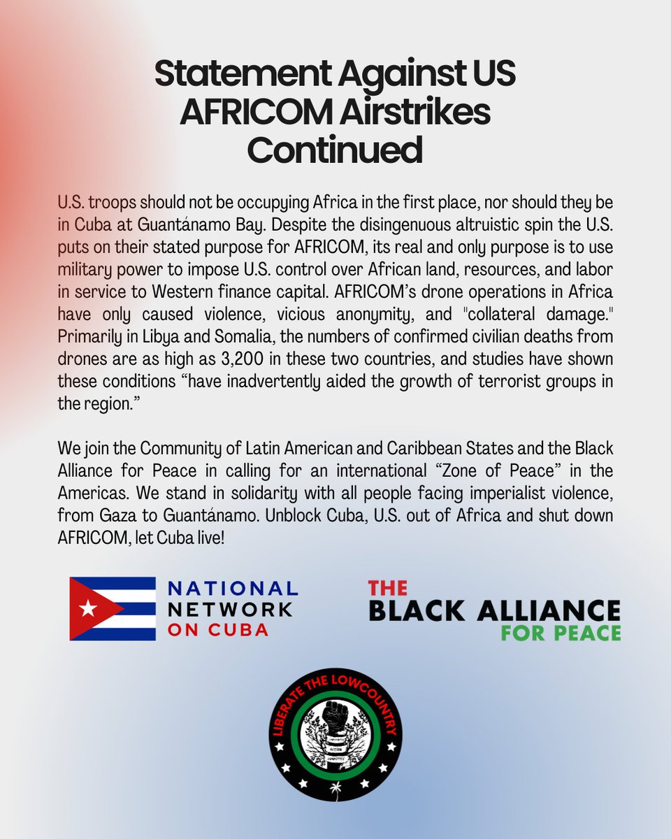 The NNOC, @Blacks4Peace, and @LCTakesAction strongly condemn the US AFRICOM airstrikes in Somalia reported to have killed 2 Cuban doctors. We mourn the loss of their lives, and we demand the US release all information about the bombing to Cuba. US out of Africa! Let Cuba live!