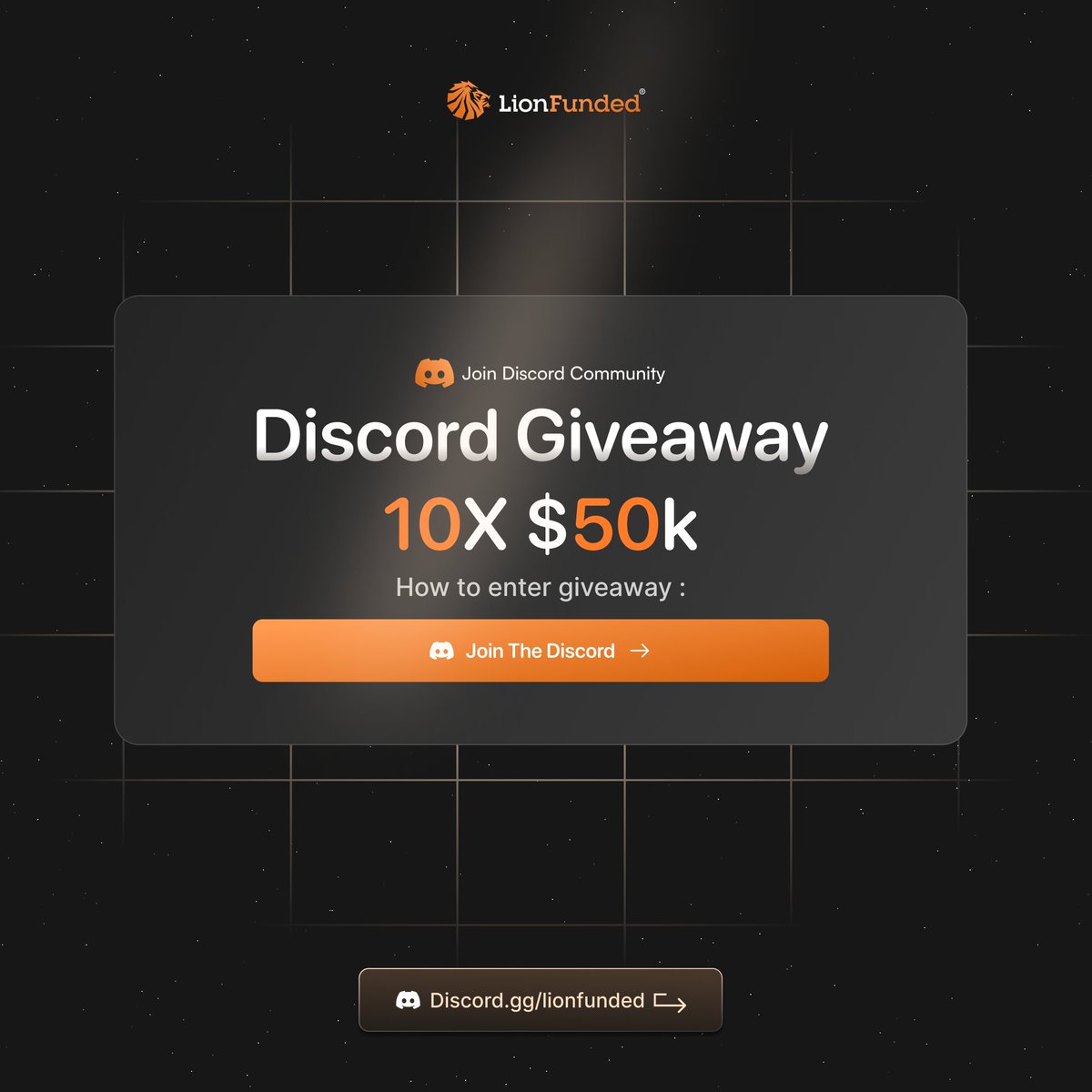 🎁Discord Giveaway 10 x $50.000 Account! How to enter ? 1- Join discord.gg/lionfunded 2. Follow @LionFunded 3. RT, Like this tweet 4. Reply post with your discord username Good Luck!