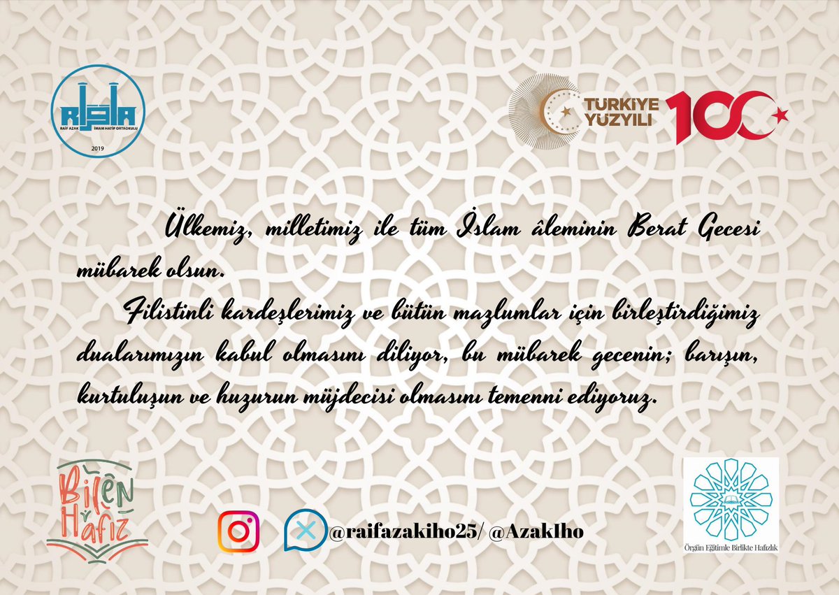 Berat Gecemiz Mübarek olsun.
@miamustafacftci <a href="/drahmetisleyen/">Ahmet İşleyen</a> <a href="/ihsanerkul1/">İhsan Erkul</a> <a href="/TuncayKaldirim/">Tuncay Kaldırım</a> <a href="/yakupyildiz024/">Yakup YILDIZ</a> <a href="/AGazioglu25/">Abdurrahman GAZİOĞLU</a> <a href="/mebhafiz/">MEB Hafız</a>