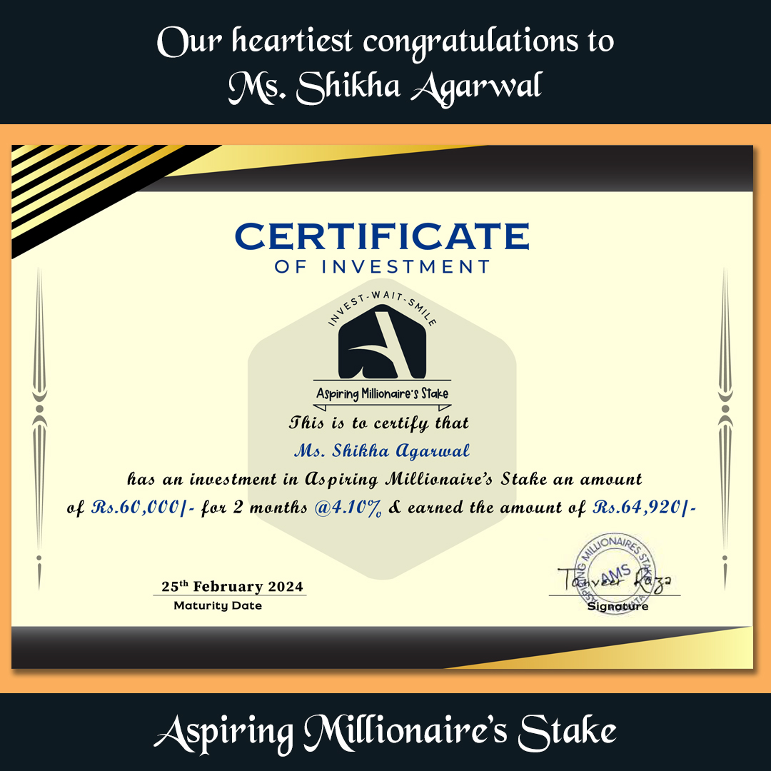 Congratulations Ms. Shikha Agarwal on the successful maturity of your investment! 
#InvestmentMaturity #FinancialTriumph #CelebratingSuccess #AbundantRewards #ProsperityAhead #Aspiringmillionairesstake #ams #kolkata #tollygunge