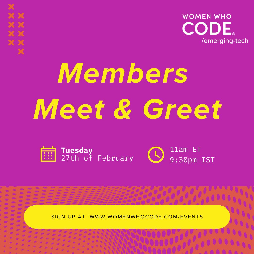 WWCodeEmerging's tweet image. Mark your calendar and join our casual and fun meet and greet on Tuesday, February 27th at 11AM ET! 🗓️ 🎉 See you there! 🤝
👉Register at us02web.zoom.us/webinar/regist…
