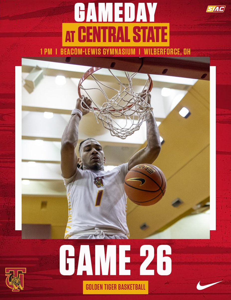 Road game up north today in Ohio at 3 PM! 🆚 Central State 📍 Wilberforce, OH 🏟️ Beacom-Lewis Gym 📺 bit.ly/3SPBhif 📻 bit.ly/49owLOX 📊 bit.ly/4bQxfPy #SkegeeMBB l #MyTUAthletics l #SIACMBB l #BeatCSU🏀