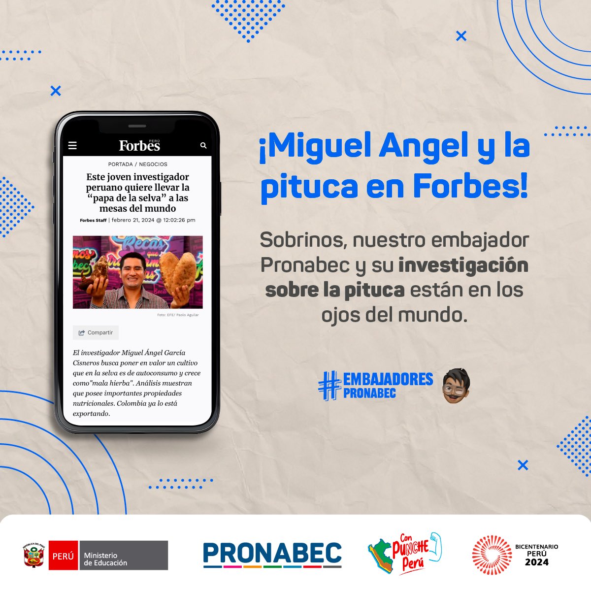 Pronabec's tweet photo. 📰 @ForbesPeru destacó la investigación de nuestro embajador #Pronabec Miguel Angel Garcia, quien utiliza la #pituca para fortalecer el pan francés con más proteínas.
📌 Lee la nota completa aquí ➡️ https://t.co/CjQ0xzZg6U https://t.co/NztZKR6A6L