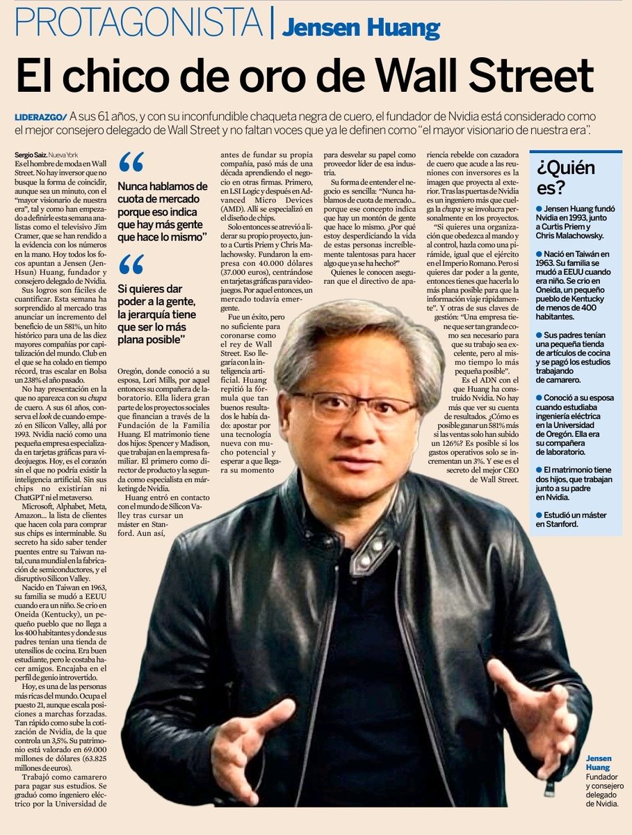 ChatBolsa's tweet photo. Jensen Huang el chico de oro de Wall Street #Expansión #Nvidia https://t.co/0Q0lg2H8sy