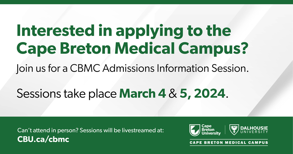 Interested in applying to the Cape Breton Medical Campus? Join us for a CBMC Admissions Information Session.

There are two opportunities to attend. To learn more, visit: cbu.ca/future-student…