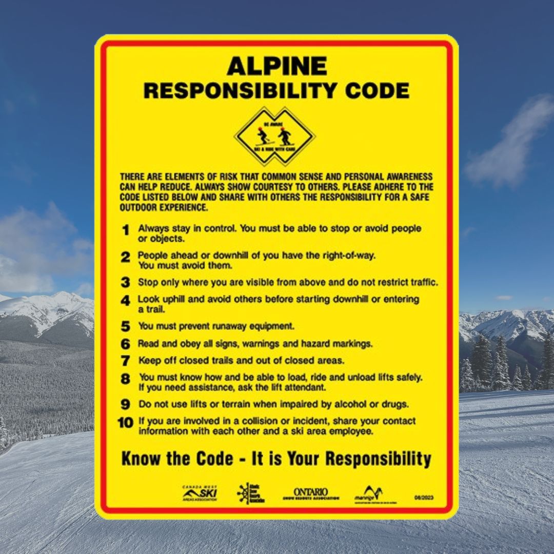 Do you know the code? It's your responsibility! Refresh yourself on the 10 rules for skiing and snowboarding responsibly and keep yourself and others safe on the slopes! #yyc #nakiska #calgary #calgarysclosestmountain #skiclose