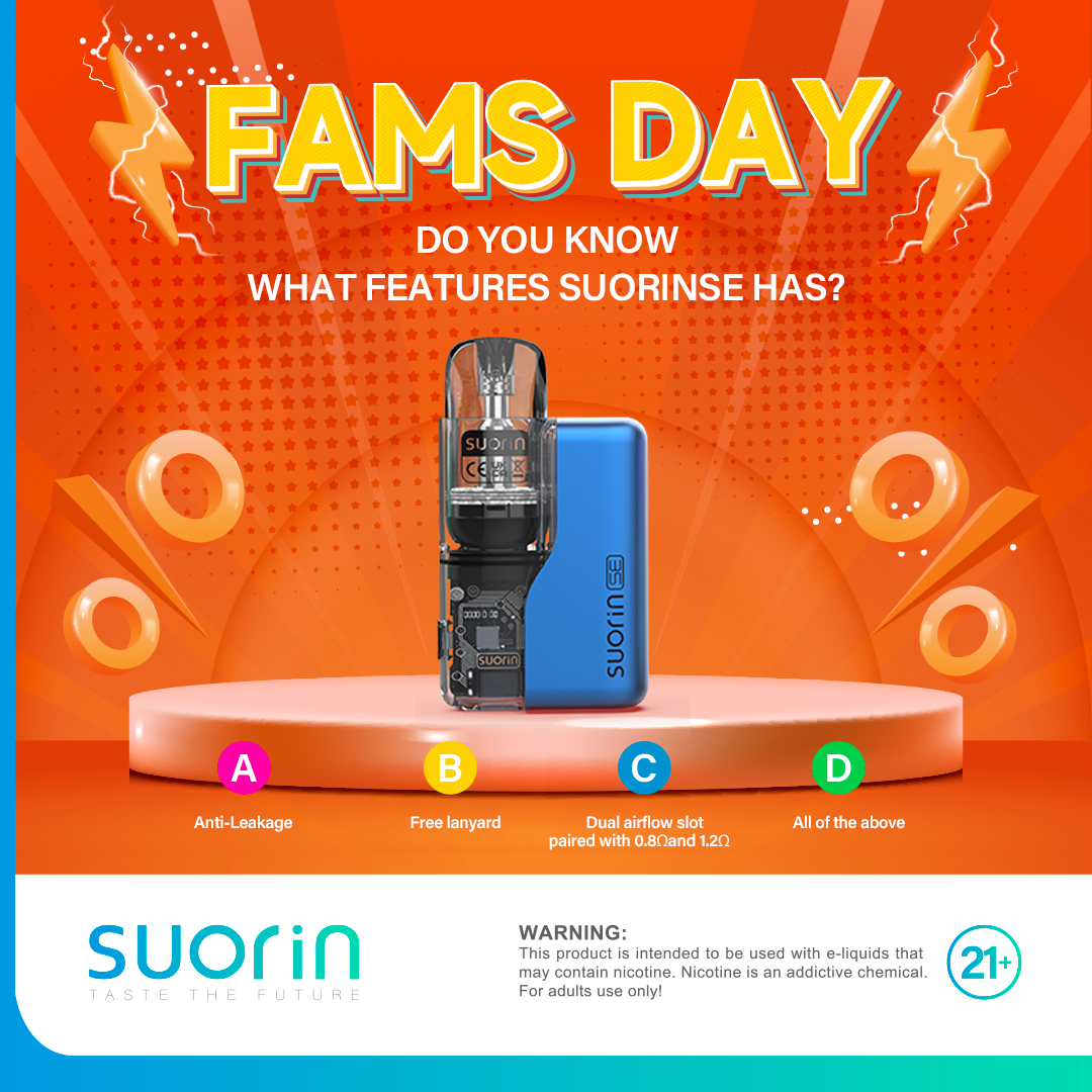 🎉Suorinfamsday🎉
Hey fams,
Suorinfamsday has begun again, as long as you answer the question correctly🎈🎉🎈🎉

🥳：6 winners will get Suorin blind box

⏲️：Feb.25th-Mar.5th,2024

Warnings: This product is only for adults.