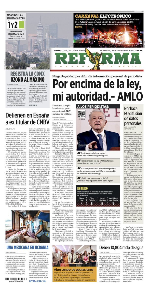 'Nuff said. The president of #Mexico simply and plainly retorts that he is above the law. L'État, c'est moi. Front page of @Reforma today via @diazbriseno. 👇🏽
