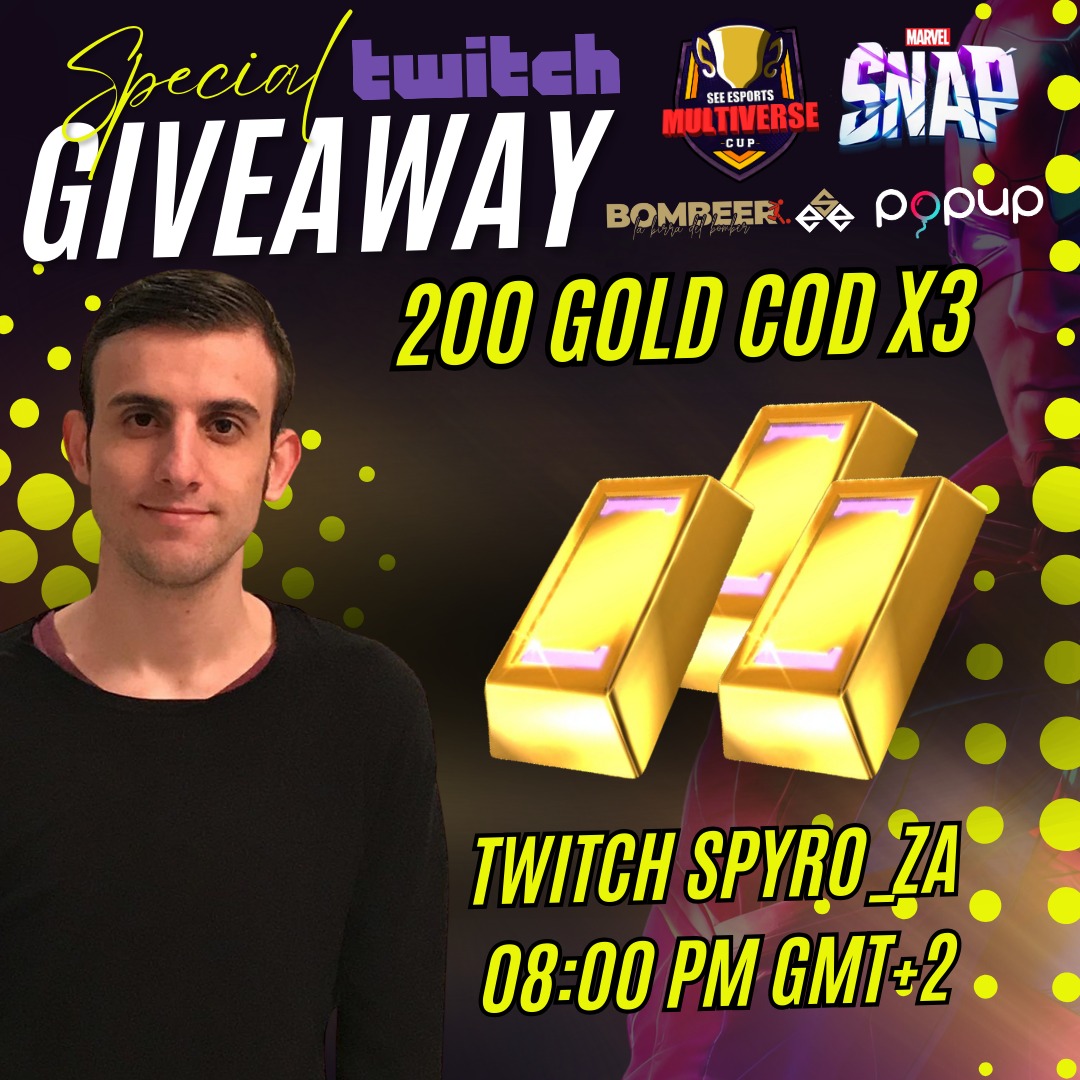 SERVICE E SPORTS EVENTS SRLS (@esportssee) on Twitter photo Prizes up for grabs:
3 Cod Gold 200 <a href="/MARVELSNAP/">MARVEL SNAP</a>
🎉 How to participate:
✅️ Follow <a href="/Spyro__ZA/">Spyro</a> live
✅️ Follow our page <a href="/EsportsSee/">SERVICE E SPORTS EVENTS SRLS</a>
✅️ Like this post.
✅️ Tag 3 friends in the comments.
Live extraction from SPYRO_ZA!
🎊 Don't miss the opportunity to win fantastic prizes! Prizes up for grabs:
3 Cod Gold 200 <a href="/MARVELSNAP/">MARVEL SNAP</a>
🎉 How to participate:
✅️ Follow <a href="/Spyro__ZA/">Spyro</a> live
✅️ Follow our page <a href="/EsportsSee/">SERVICE E SPORTS EVENTS SRLS</a>
✅️ Like this post.
✅️ Tag 3 friends in the comments.
Live extraction from SPYRO_ZA!
🎊 Don't miss the opportunity to win fantastic prizes!