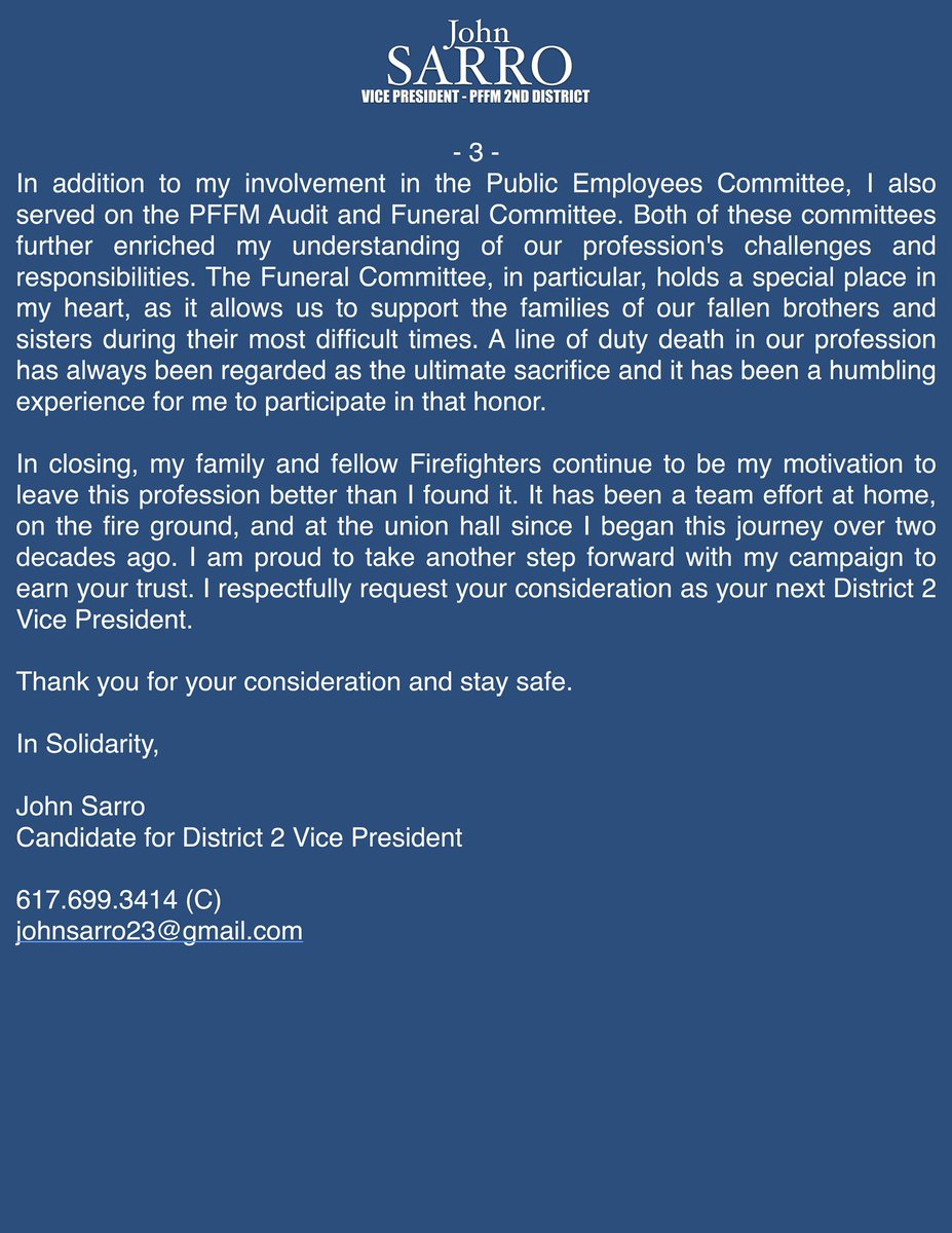 It is with great honor & enthusiasm that I announce my candidacy for the office of @THE_PFFM District 2 Vice President. #PFFM #Solidarity #IAFF