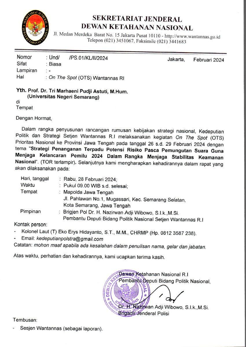 MurtadhaOne1's tweet photo. Kabarnya semua profesor Universitas Negeri Semarang (UNNES) yg melakukan seruan moral pada tgl 7 Feb kmaren diberi surat spt ini

Anehnya tidak ada TOR tidak ada JADWAL KEGIATAN dan diundang sbg apa juga tidak jelas. Juga tidak ada daftar nama siapa saja yg diundang padahal semua profesor UNNES yg melakukan seruan moral dikirimi surat spt ini by name

Apakah ini psy war untuk menakut-nakuti?