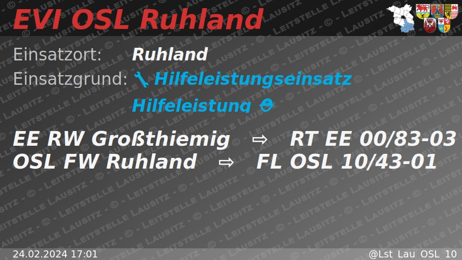 🚨 24.02.2024 17:01 🔧 ⛑ H:Hilfeleistung 🌐 Ruhland 🚒 ⇨ FW Ruhland wachalarm.leitstelle-lausitz.de/dbrd/e4453780-…