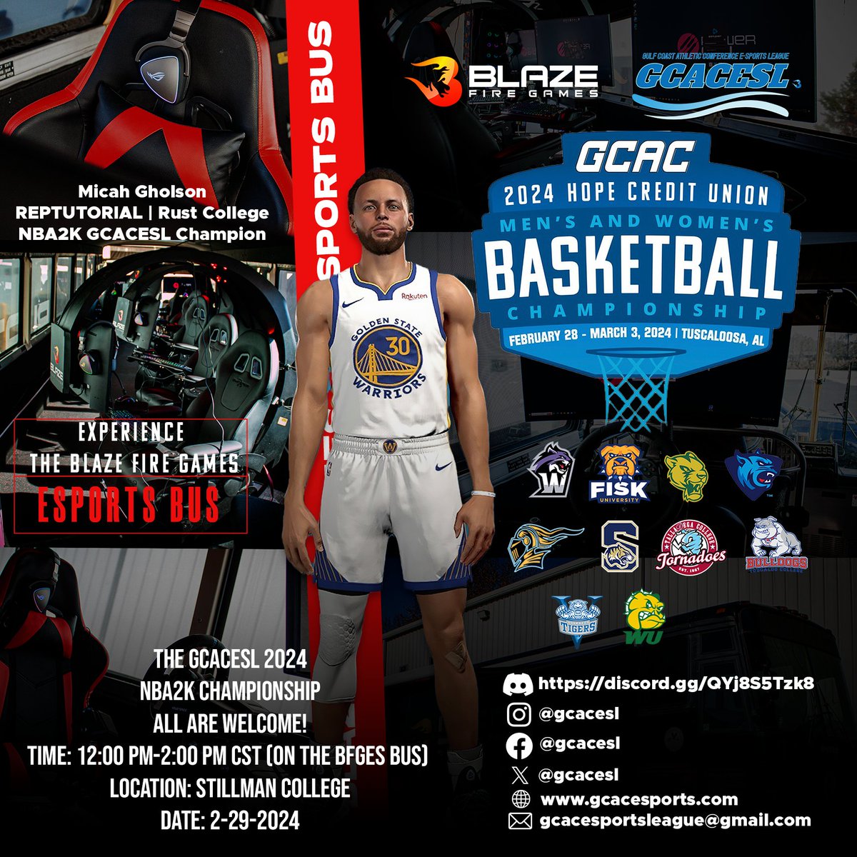 gcacesl's tweet photo. 🔥🎮 GCACESL is bringing the Blaze Fire Games Esports Bus to the GCAC basketball championship! 

Plus, an NBA 2K tournament for everyone! Join us on 2/29/2024, 12-2 PM CST, at Stillman College. 🎮🏀 

#GCACESL #Esports #BasketballTournament #NBA2K #BlazeFireGames #StillmanCollege https://t.co/1RxYVyYzjI
