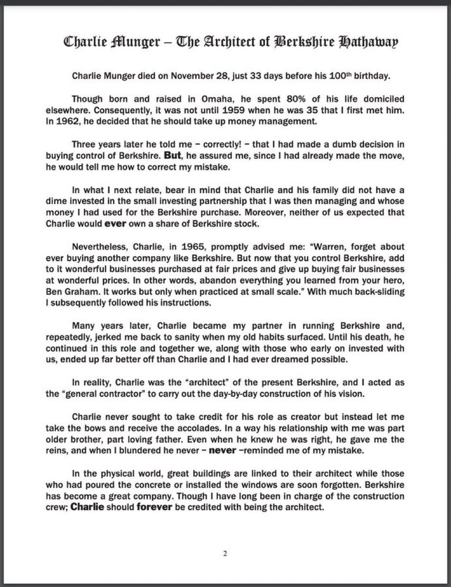 Warren Buffett’s tribute to Charlie Munger as the architect of Berkshire Hathaway.