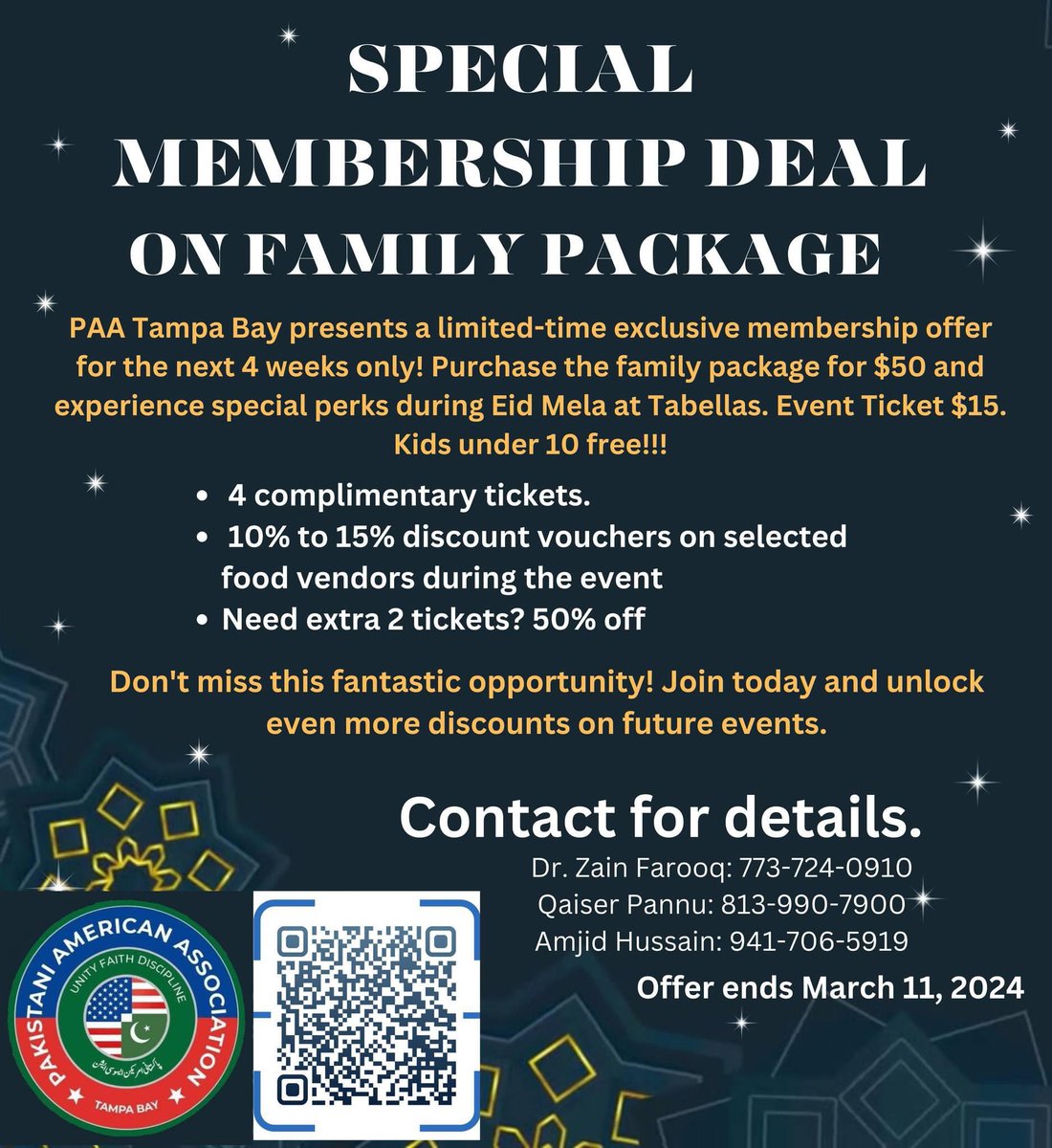 PAA Tampa Bay Membership Drive at Apna Bazaar! TODAY, Saturday, February 24 from 12 p.m., to 4 p.m. Buy your family membership for $50 and get 4 tickets free to Eid Mela. 🥳
#JoinPAA #PAATampabay #Pakistani #Pakistaniamerican #SpecialOffer