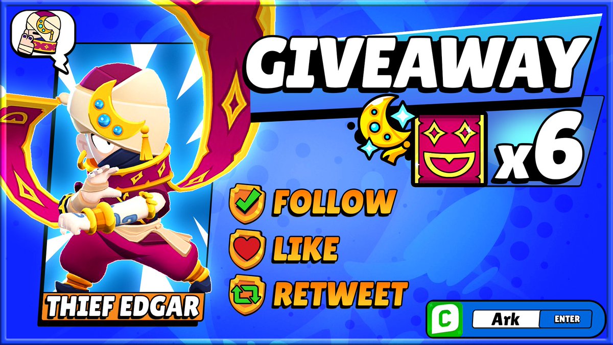 Ark_BrawlStars's tweet image. 🧣 x6 Thief Edgar Giveaway! 🧣
(Each skin comes with the Pin, Spray &amp;amp; Player Icon)

To Enter;
✅ Follow @Ark_BrawlStars
❤️ Like
🔁 Retweet

🗓️ Winners will be drawn randomly on March 14th. 

Good Luck! 🤞🏻
#ThiefEdgarGiveaway #SandsofTime #BrawlTalk #BrawlStars