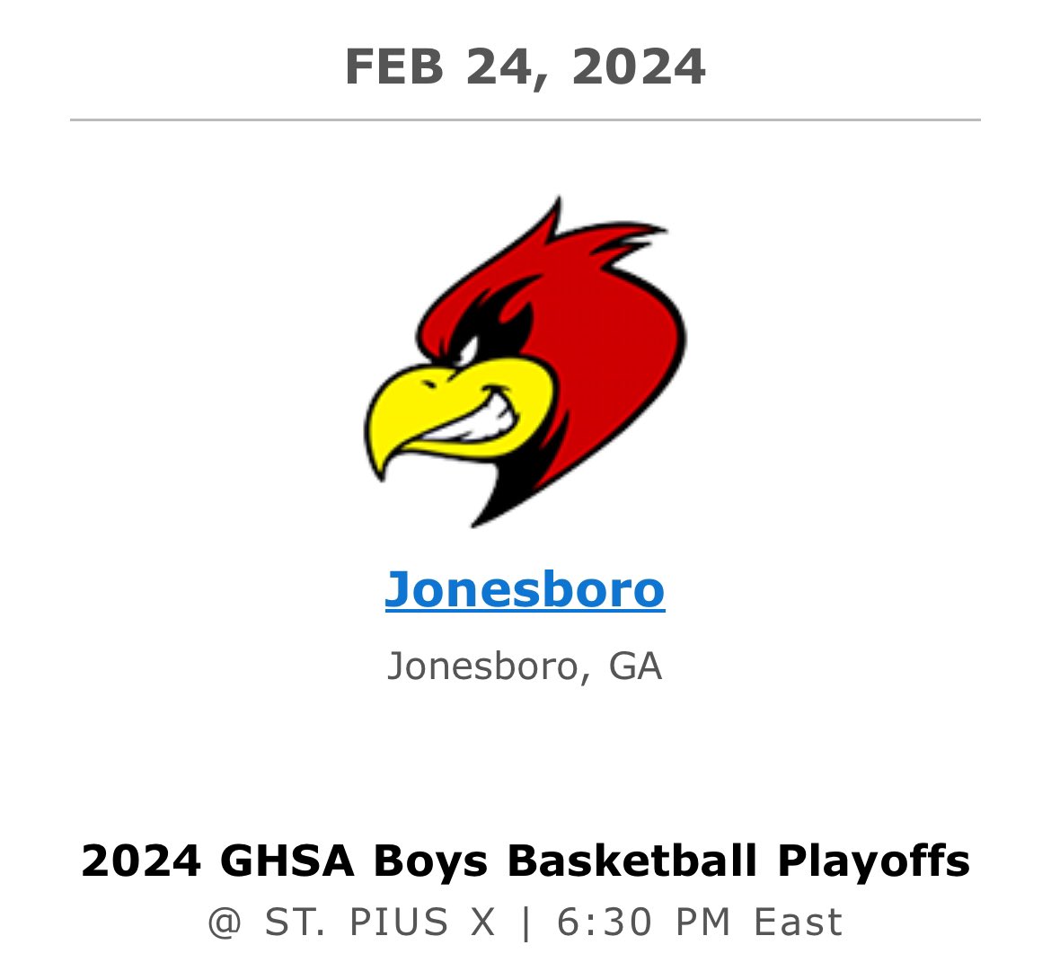 GHSA State Playoffs. Your Jonesboro Cardinals are also on the road today. Time to gas up and go support Jonesboro Boys Basketball Team. click.school.nfhsnetwork.com/?qs=c8980694a4… @CNDSportsDesk @CCPSNews @jonesborohsath