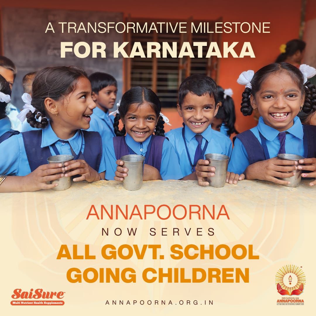 A momentous occasion for Karnataka and Children's Nutrition!

The Annapoorna Morning Nutrition Programme now serving 5.5 million children in Karnataka. This milestone initiative will help tackle malnutrition across India.

#srimadhusudansai
#SMSGHM
#annapoornatrust