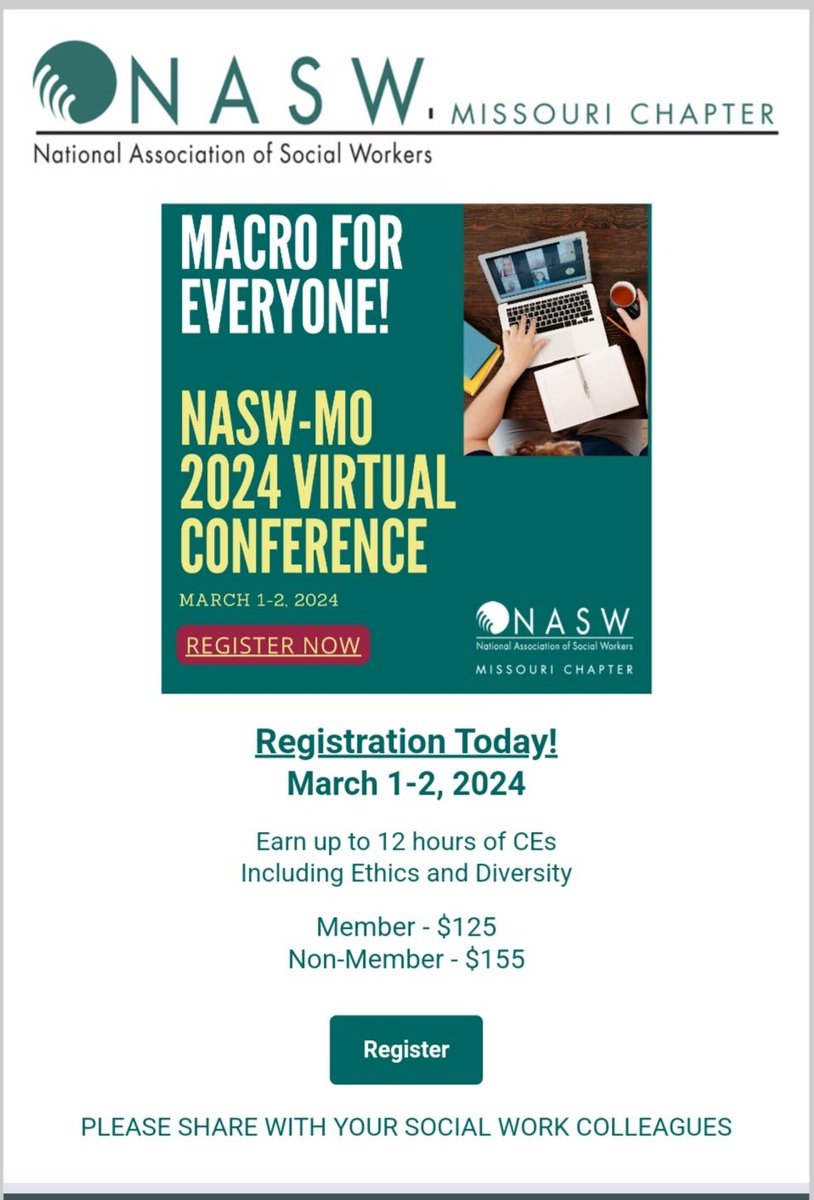 I'm excited to kick off #socialworker appreciation month co-facilitating a session on diversity in Macro Social practice during the @NASWMissouri virtual conference on March 1, 2024 with @jessforjustice There’s still time to register!  Registration link⬇️ naswinstitute.inreachce.com/Mobile/Details…