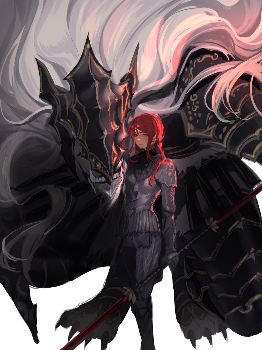armor weapon red hair holding holding weapon 1girl long hair  illustration images