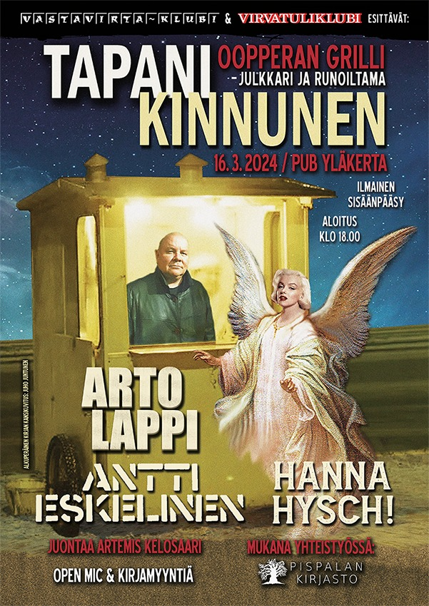 Oopperan grillin julkkarikiertueen seuraava etappi Tampereella lauantaina 16.3.2024. Vastavirta-klubin yläkerta. Vapaa pääsy!