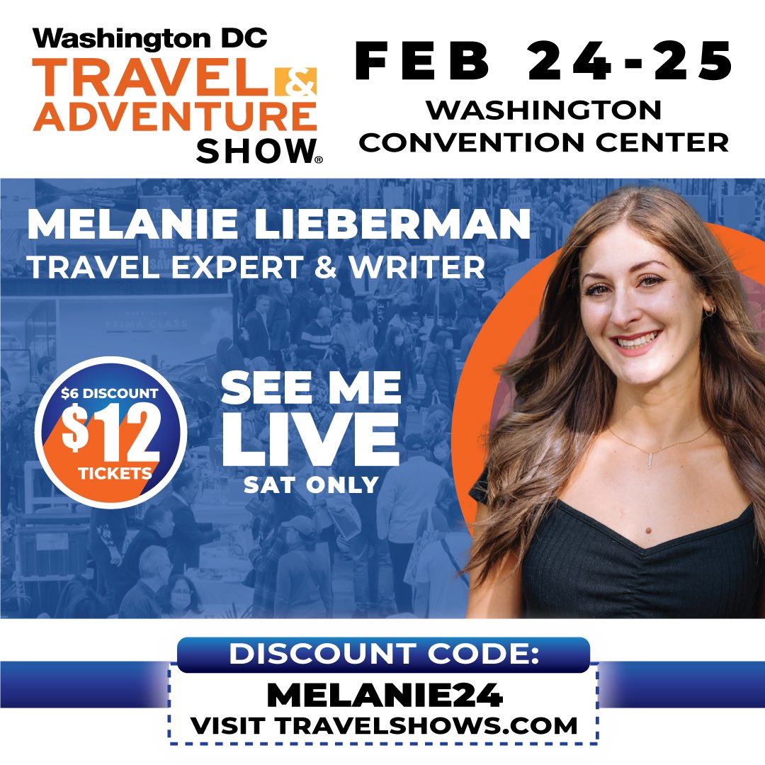 Melanie Lieberman (@melanietaryn) on Twitter photo The #DCTravelShow kicks off today! You can check out the <a href="/TravAdventure/">TravelAdventureShow</a> show at the convention center all weekend long, and you can find me on the Savvy Traveler Stage at 2 p.m. today, Feb. 24. Get your tickets here (with discount code Melanie24): bit.ly/dctravelshow24 The #DCTravelShow kicks off today! You can check out the <a href="/TravAdventure/">TravelAdventureShow</a> show at the convention center all weekend long, and you can find me on the Savvy Traveler Stage at 2 p.m. today, Feb. 24. Get your tickets here (with discount code Melanie24): bit.ly/dctravelshow24
