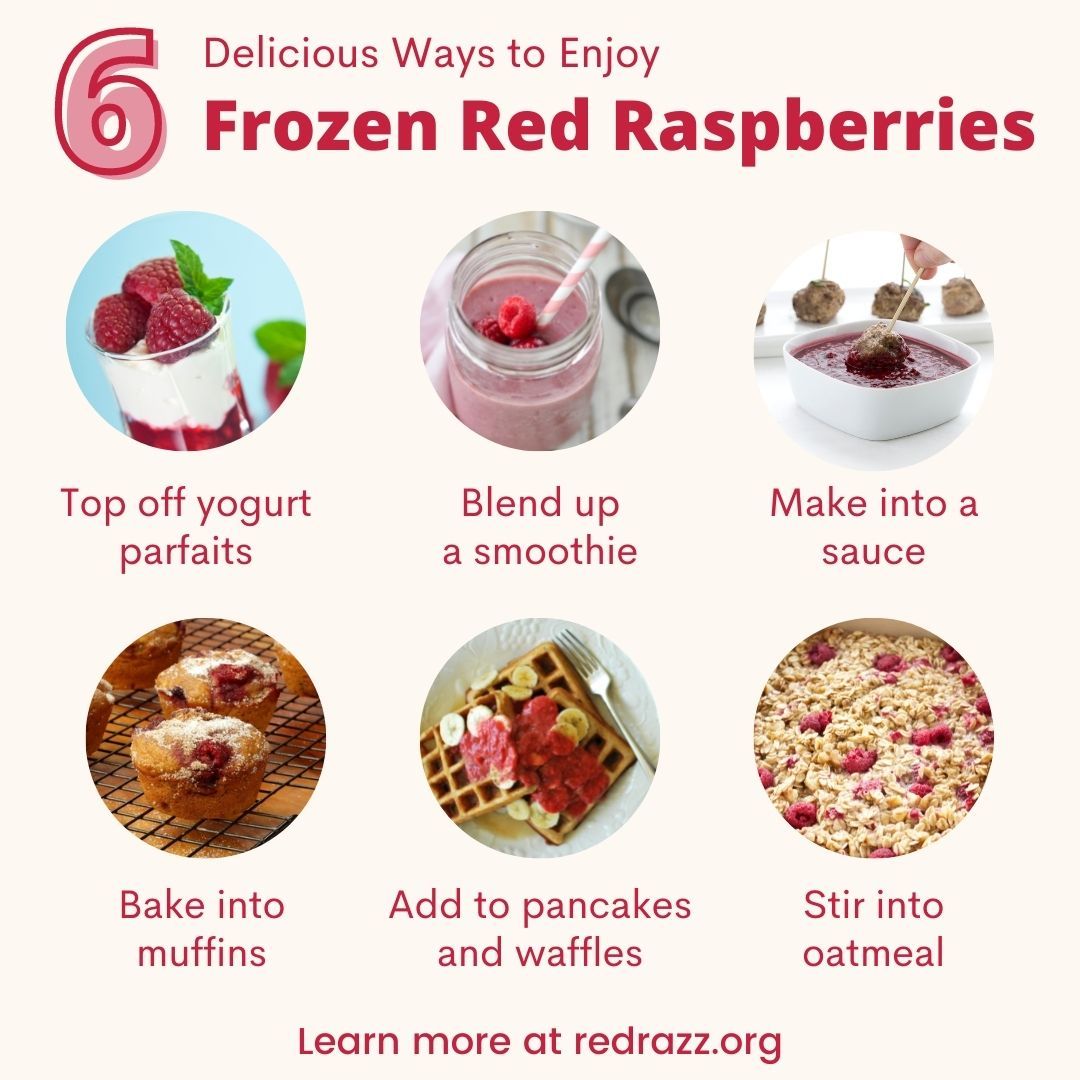Did you know that 1 cup of frozen red raspberries contains 21% of your daily value of fiber? Keep a bag stashed in your freezer for a delicious, nutrient-packed snack anytime! Check out these 6 easy ways to use frozen raspberries to jazz up mealtime.