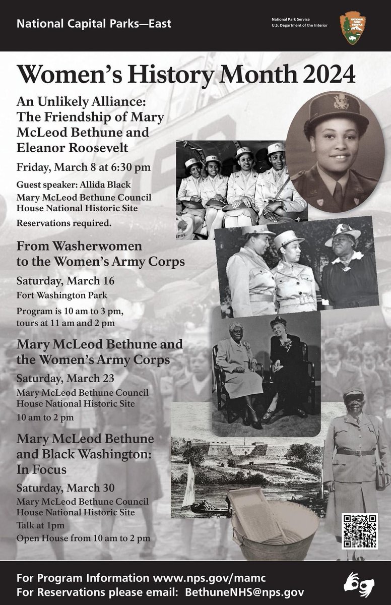 Join National Capital Parks-East for Women’s History Month 2024! Learn about Mrs. Bethune and her relationship with Eleanor Roosevelt, WACs, photography, and more! @BethuneNHS #BlackHistory #WomensHistoryMonth   #BlackWomensHistory #MaryMcLeodBethune #ImbibeIt #FortWashingtonPark