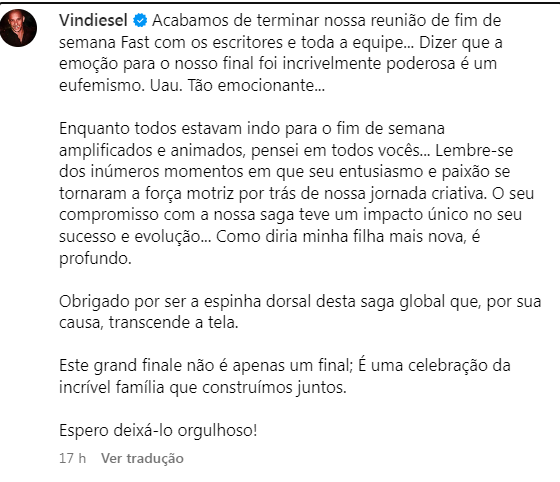 VelozesBrasil's tweet image. Vin Diesel em seu Instagram passou a mensagem!

Parece que FINALMENTE vamos dar inicio a temporada Velozes e Furiosos 11!👏

#FastXI #VelozesEFuriosos