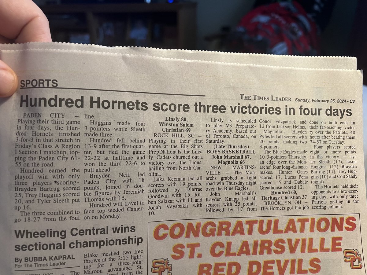 Martins Ferry Times Leader.  Coverage in Sunday paper. NOTHING on River, Shadyside, Martins Ferry or Bellaire that played last night.   Have Hundred 2 games in there.