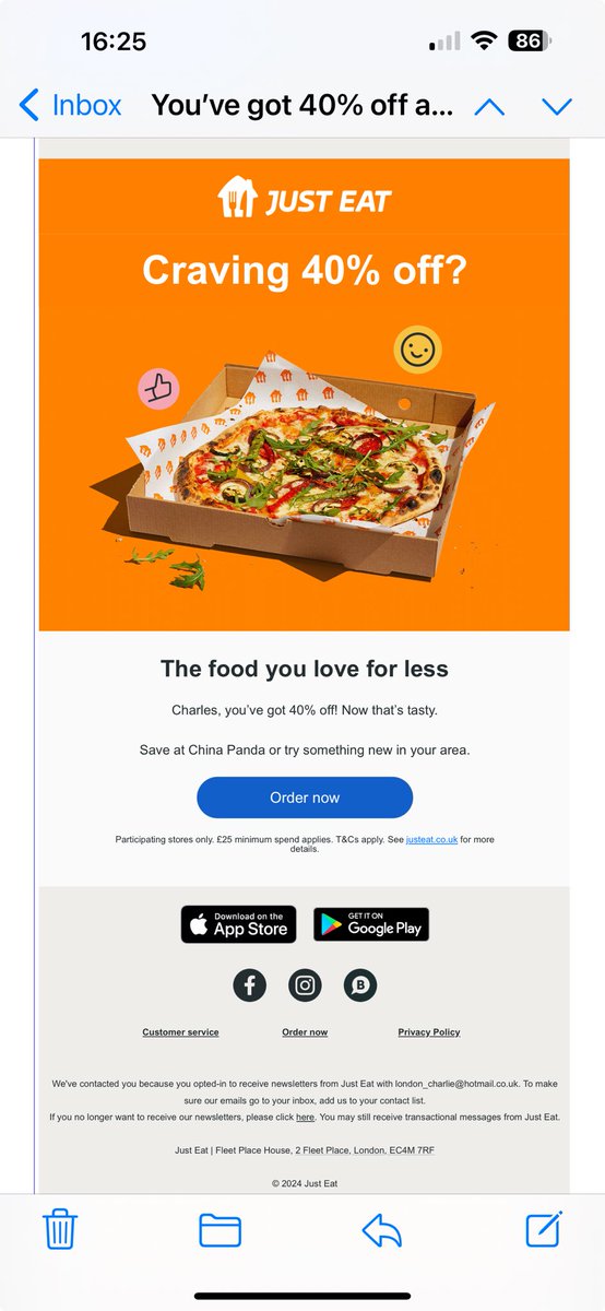 jgreswolde's tweet image. ⁦⁦@JustEatUK⁩ how do we redeem the 40 percent off in this email? When we click order now and add over £25 of items there’s no discount showing in the app. No code to apply in the email 🤷‍♂️