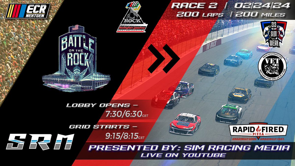 Raceday!! We head to <a href="/RockinghamSpdwy/">Rockingham Speedway</a> for race #2 The Battle on the Rock 200 in the ECR Cup Series.

Catch the race live on <a href="/YouTube/">YouTube</a> as <a href="/SimRacingMedia1/">Sim Racing Media</a> call the action.

Link for tonight's Race:
youtube.com/live/V87cpqrw0…

#213simwear #Vet2Track #rapidfiredpizza