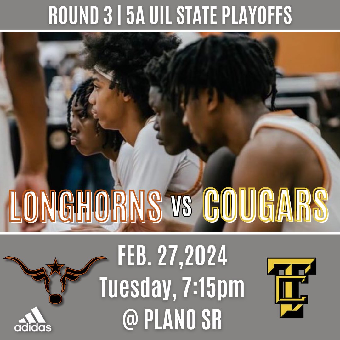 Round 3️⃣ The Longhorns take on The Colony Tuesday 2/27 at Plano Sr HS @ 7:15pm. Let’s get it 🔥🍊nation! #District #WeAreTheNorth #Fight #Us #HornsUp #Playoffs #5A @ClubWtw @wtwhitevt @TexasHoopsGASO @ihss_dfw @dallasathletics