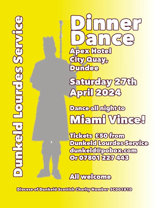 Tickets now on sale for the Annual Dinner Dance for the  volunteer section of the Dunkeld Lourdes Service - 27 April <a href="/ApexHotels/">Apex Hotels</a> Dundee - price £50 - details dunkelddiocese.co.uk/dunkeld-lourde…  or email dunkeld@pobox.com <a href="/DunkeldLourdes/">Dunkeld Lourdes</a> <a href="/RCDunkeld_Youth/">DunkeldYouthService</a> #lourdes