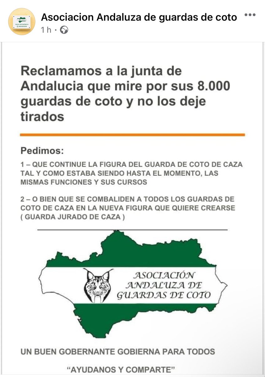 Una reivindicación JUSTA y razonable: que la <a href="/AndaluciaJunta/">Junta de Andalucía</a> luche y defienda a SUS guardas de coto de caza, una figura creada por la <a href="/MedioAmbAND/">Consejería de Sostenibilidad y Medio Ambiente</a> y que podría desaparecer por un decreto de simplificación administrativa redactado sin consenso