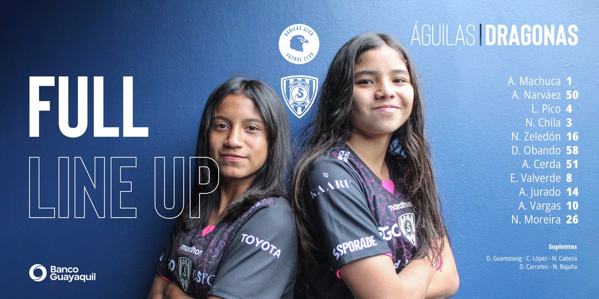 🚨 @Bancoguayaquil presenta: 1⃣1⃣ 📝Alineación ⚽🏃‍♀️
#Águilas 🆚 #DragonasIDV
#UnClubDiferente 🐉❤️‍🔥⚽