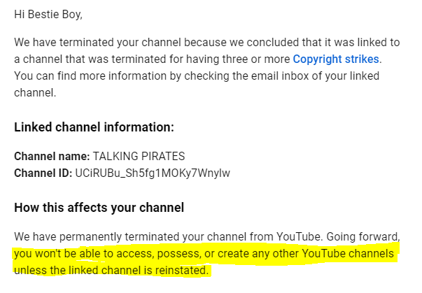 BestestGuyEver's tweet photo. Today 2 of my YT channels died - Bestie Boy and BGE Livestreams. This is due to being "linked" to TALKING PIRATES, deleted w/ copystrikes despite being fair use.

This may spread to BestGuyEver too. Please retweet with @TeamYoutube. help me stop this. My voice alone isnt enough. https://t.co/D71lW86FOF