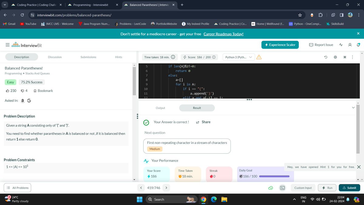 vermaraj2010's tweet photo. Hello All,
I have completed #Day054 of #365DaysofCode Challenge with @Scaler_official

Solved one programming question of Balanced Parenthesis.

Scaler discord community link: https://t.co/IPOO4C7acY 

#scalerdiscord #codewithscaler #365daysofcodescaler #interviewBit https://t.co/Gw1I8503cS