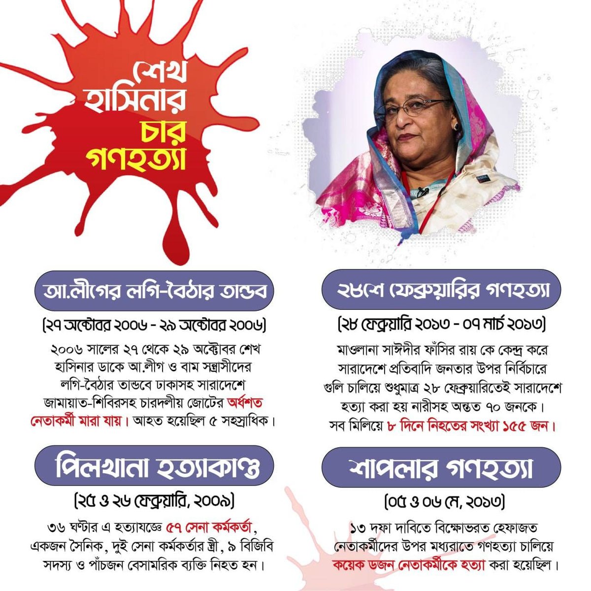 শেখ হাসিনার চার গণহ'ত্যা

#StepDownHasina
#DictatorHasina
#FascistHasina
#HasinaMustGo