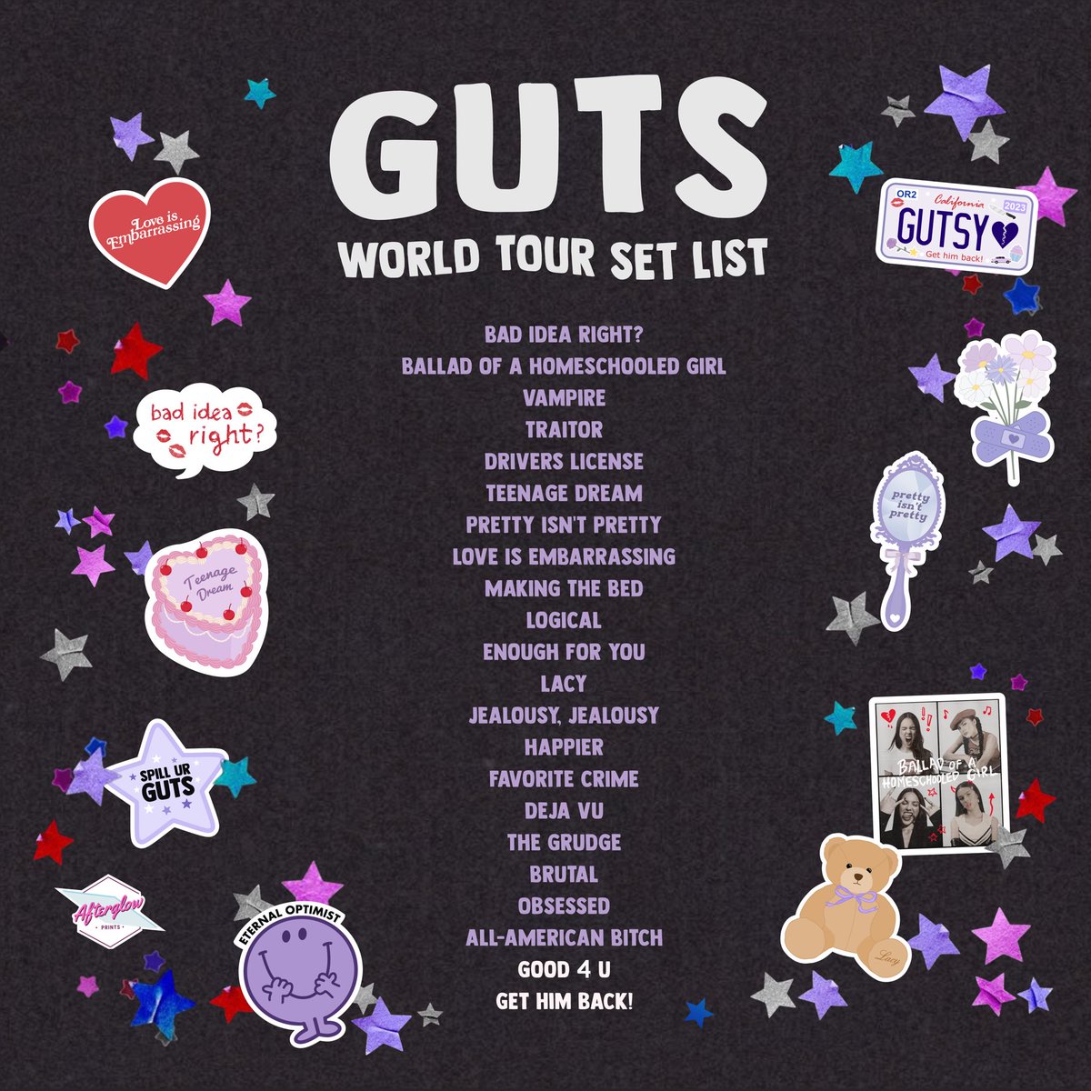 We’re OBSESSED with the #GUTSWorldTour setlist!!!!
