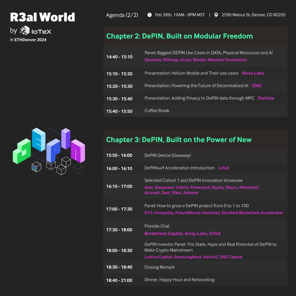 iotex_io's tweet photo. The full lineup for R3al World is here. 

And it’s packed with DePIN alpha. 

✅ Talks from VCs including @a16zcrypto, @SamsungNext, @1kxnetwork

✅ Panels with the biggest DePIN projects in the game including @getgrass_io, @rendernetwork, @DIMO_Network

✅ Demos from hot DePIN startups in the first Cohort of @DePINsurf accelerator including @atorprotocol, @XNET_Mobile, @network3_ai

And so much more. 

Over 1,300 registered already. 

Join now: https://t.co/JWIWOt7fRZ
