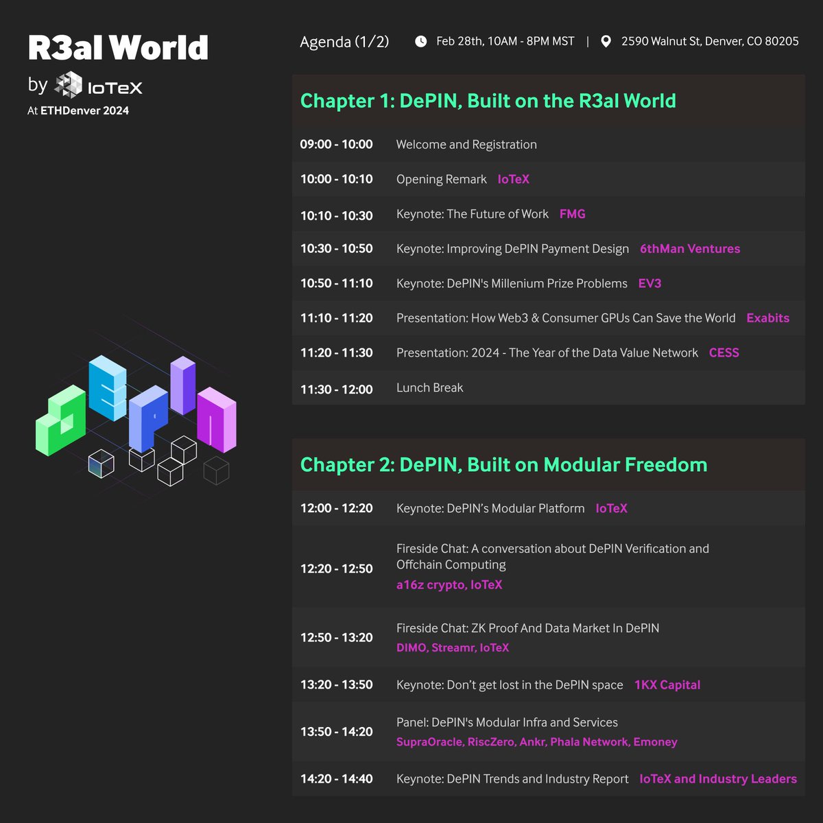 iotex_io's tweet photo. The full lineup for R3al World is here. 

And it’s packed with DePIN alpha. 

✅ Talks from VCs including @a16zcrypto, @SamsungNext, @1kxnetwork

✅ Panels with the biggest DePIN projects in the game including @getgrass_io, @rendernetwork, @DIMO_Network

✅ Demos from hot DePIN startups in the first Cohort of @DePINsurf accelerator including @atorprotocol, @XNET_Mobile, @network3_ai

And so much more. 

Over 1,300 registered already. 

Join now: https://t.co/JWIWOt7fRZ