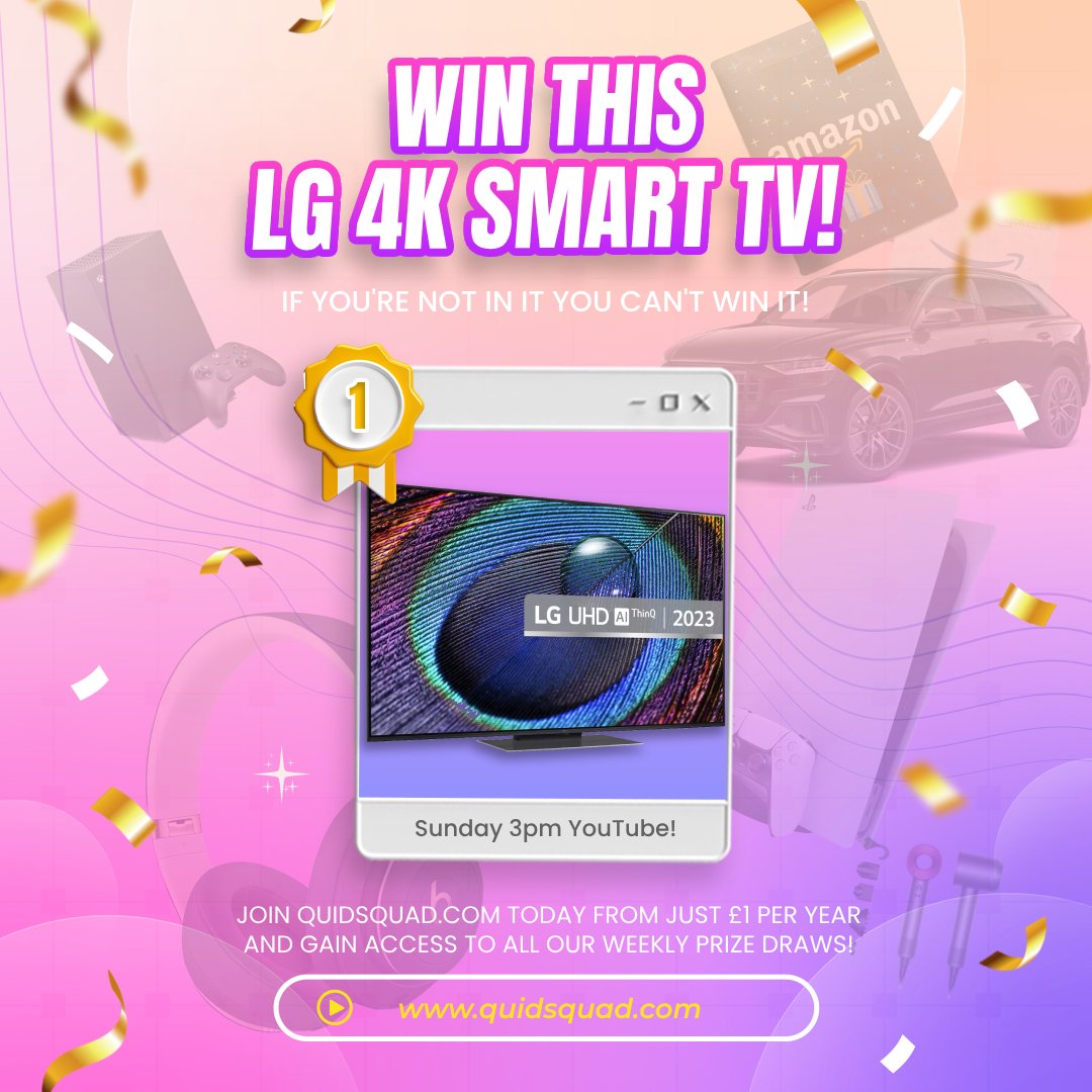 You can't win it if you're not in it! Join QuidSquad.com today for a chance to win this weeks prize, a 55" LG 4K Smart TV plus any of our other weekly prizes including an Audi Q8 car! #win #prizes #quidsquad