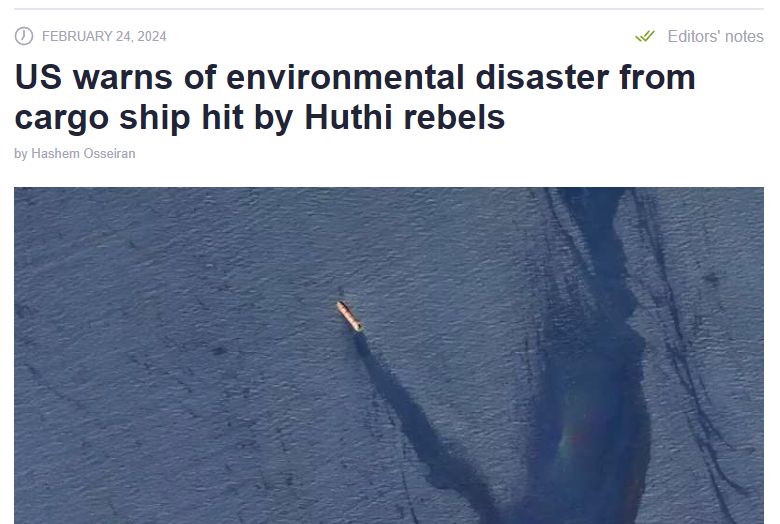 "The M/V Rubymar was transporting over 41,000 tons of fertilizer when it was attacked, which could spill into the Red Sea and worsen this environmental disaster,"

phys.org/news/2024-02-e…