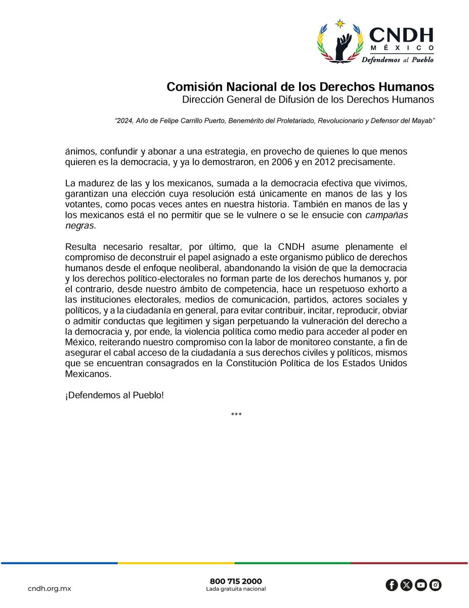 Exhortamos a instituciones, medios de comunicación, actores sociales o políticos y a la ciudadanía a evitar contribuir o reproducir conductas que vulneren el derecho a la #Democracia y perpetúen la violencia política como medio de acceder al poder en #México. #DefendemosAlPueblo