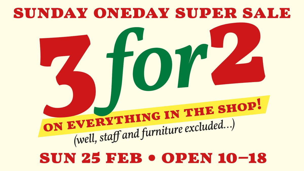 bookshop_se's tweet image. 🎉 3for2 ON EVERYTHING on everything in our shops! SUNDAY ONEDAY SUPER SALE Sunday 25 Feb 2024.

📚 Every third book (or item) for free: 3 for 2, 6 for 4, 9 for 6...

👋 Open 10–18 this Sunday, bring a friend!

#booksale #3for2 #SundayOnedaySuperSale
#uppsala #stockholm #göteborg