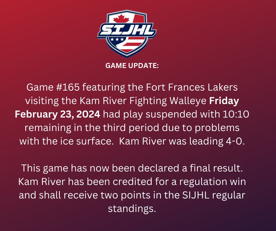 Last night in Oliver Paipoonge, play between the @FF_Lakers and @KamRiverWalleye was suspended with approximately 10 minutes remaining on account of ice conditions. This game is now declared a final.