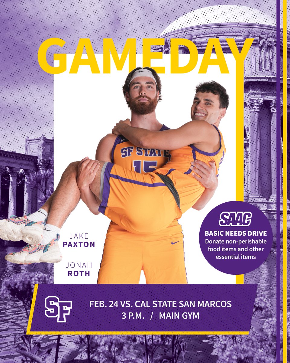 GAMEDAY! It's Senior Day as the Gators look to secure a berth in the @goccaa Tournament! 🕒 3 p.m. 🆚 @CSUSMcougars 🌁 Main Gym at Don Nasser Family Plaza 📺 ccaanetwork.com/sfsu 📊 sfstategators.com/livestats_mbb 🎟️ sfstategators.com/tickets